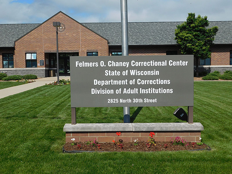 Sign and front entrance to FOCCC (Felmers O. Chaney Correctional Center)