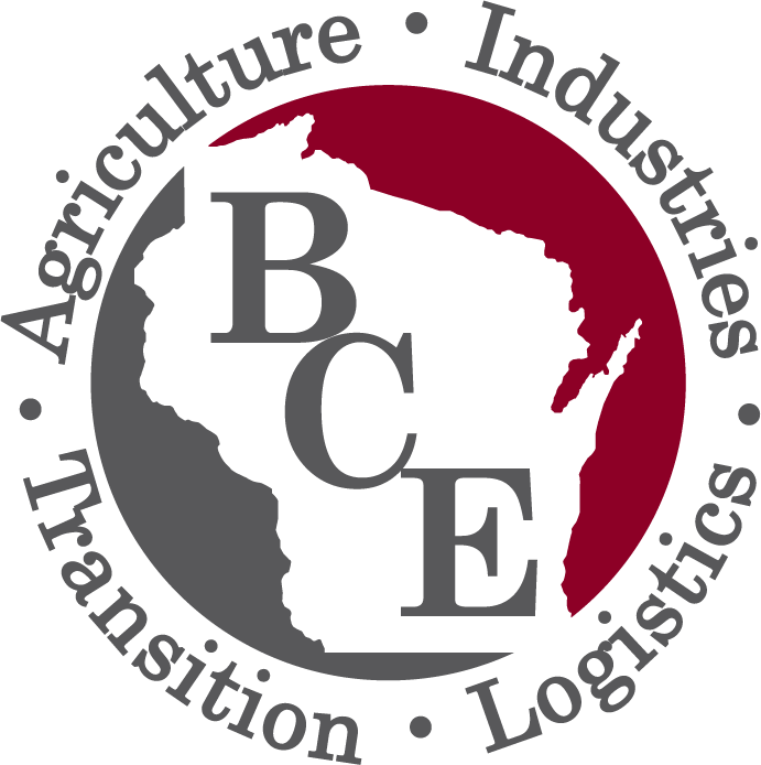 Bureau of Correctional Enterprises (BCE) logo - BCE on a white silhouette of Wisconsin with the words Transition - Agriculture - Industries - Logistics around outside of circle